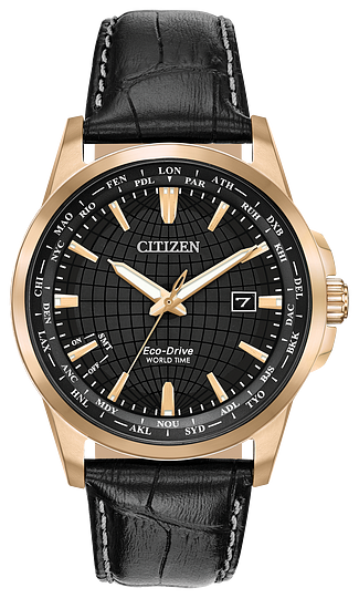 CITIZEN MEN'S LEATHER ECO DRIVE WORLD TIME PERPETUAL CALENDAR BX1003-08E